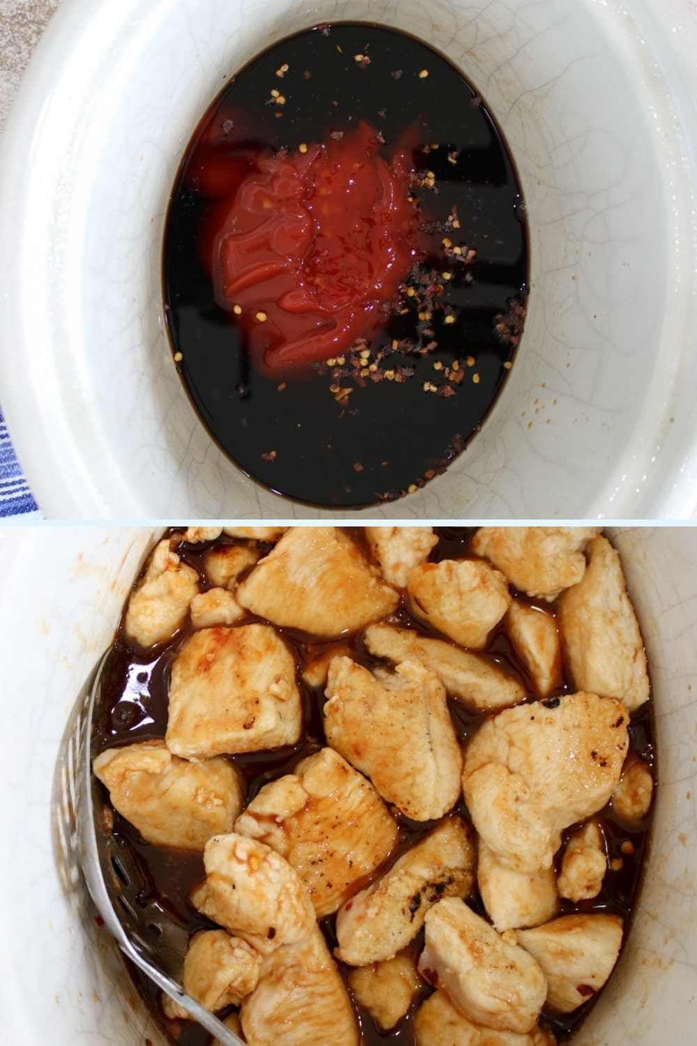 two shots showing inside of crockpot with the cashew chicken sauce