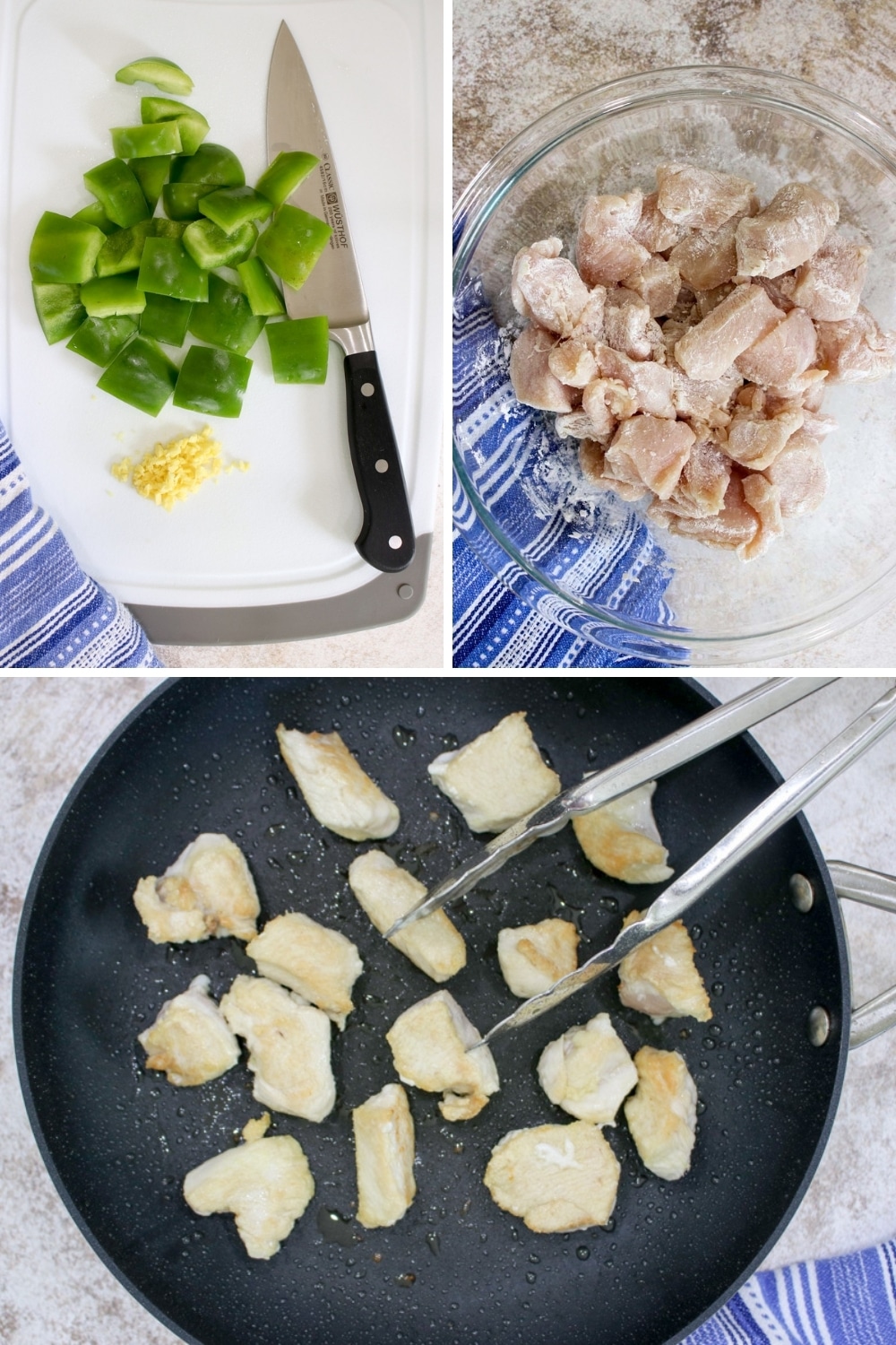 Three of the first steps in making slow cooker cashew chicken