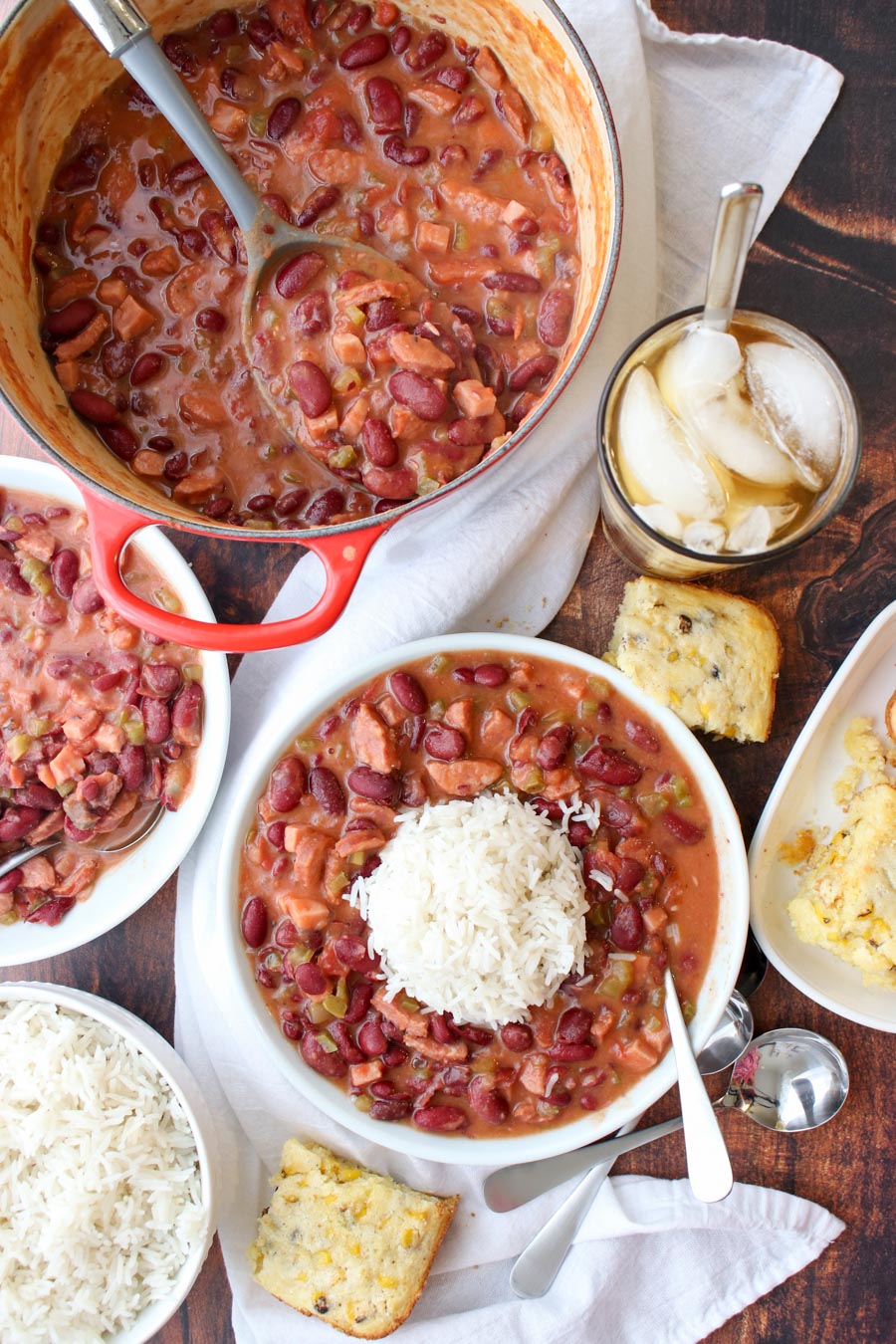 lage pot and bowls of red beans and rice