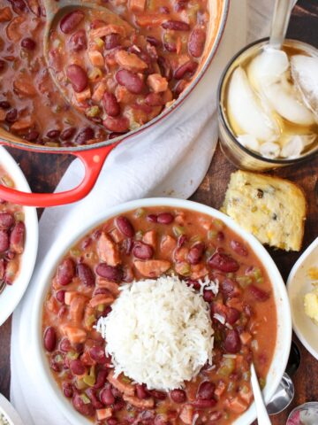 A large pot and a bowl of red beans and rice