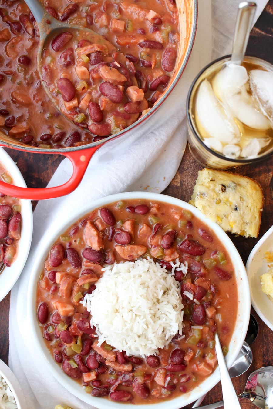 A large pot and a bowl of red beans and rice