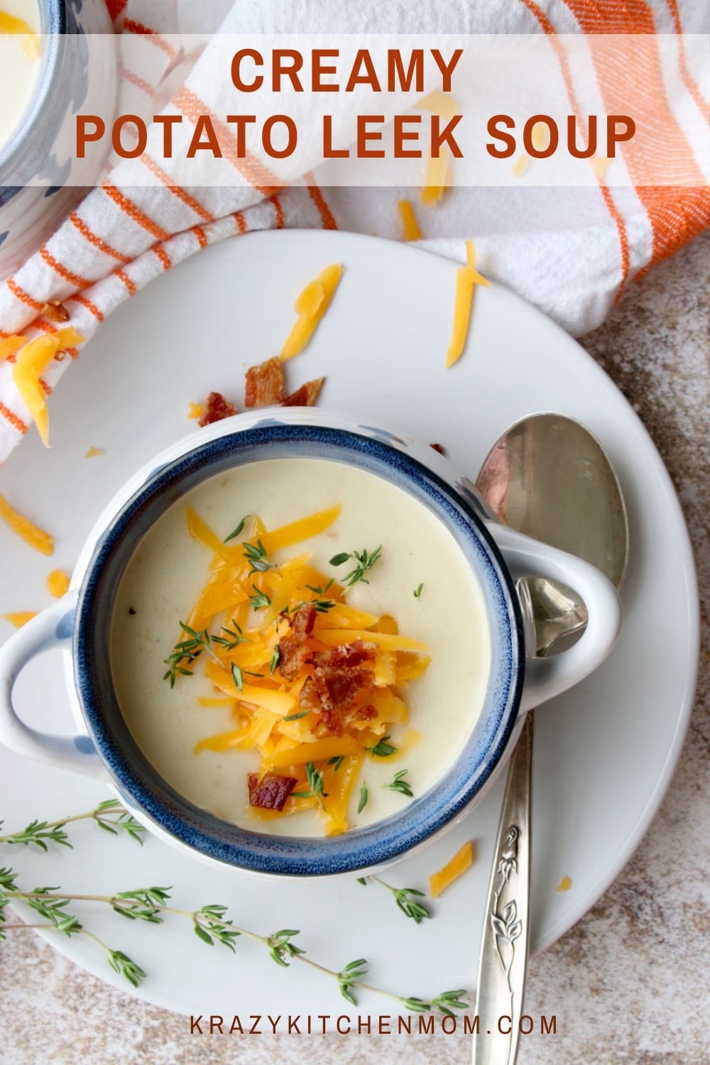 Curl up with a hot bowl of soup loaded with creamy potatoes and leeks topped with cheese and bacon. This hearty soup is made on the stove-top and ready in an hour. It is hearty, hot, and delicious. via @krazykitchenmom