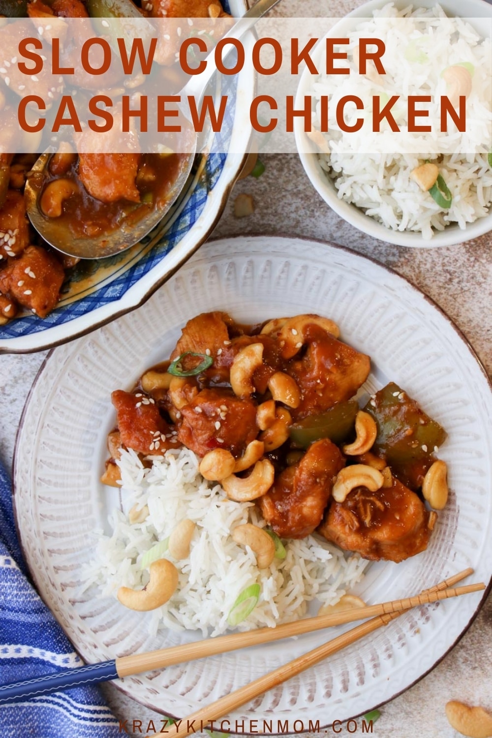 Move over take-out! Slow Cooker Cashew Chicken is the new favorite in town. It's tender, tangy, sweet, and spicy. It has something for everyone. I promise this is one of the best recipes you'll make in your slow cooker all year. via @krazykitchenmom