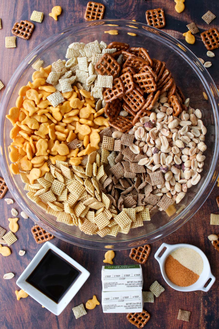 Photo of the ingredients in party mix