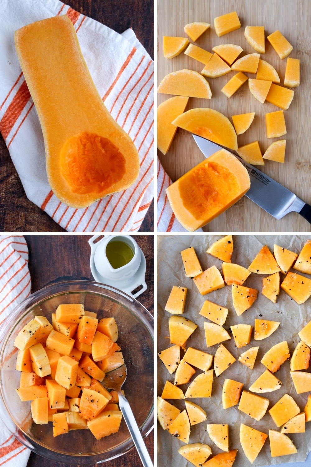 Collage showing first four steps of making squash puree