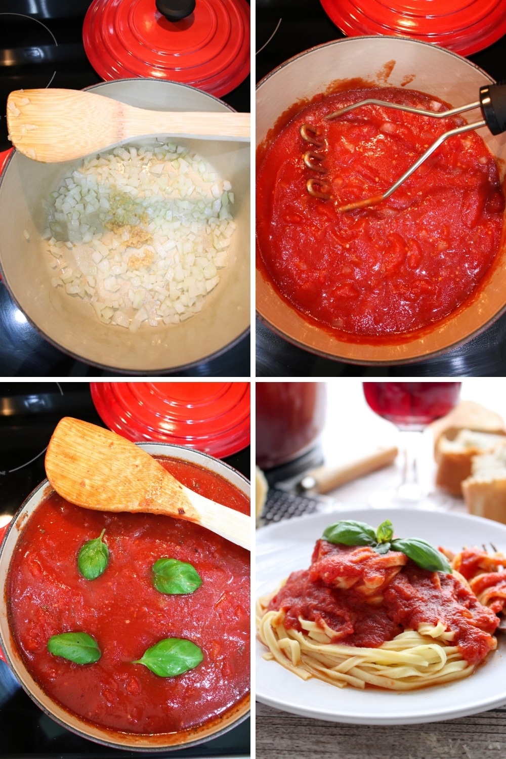 Collage showing the steps to make Sunday spaghetti sauce