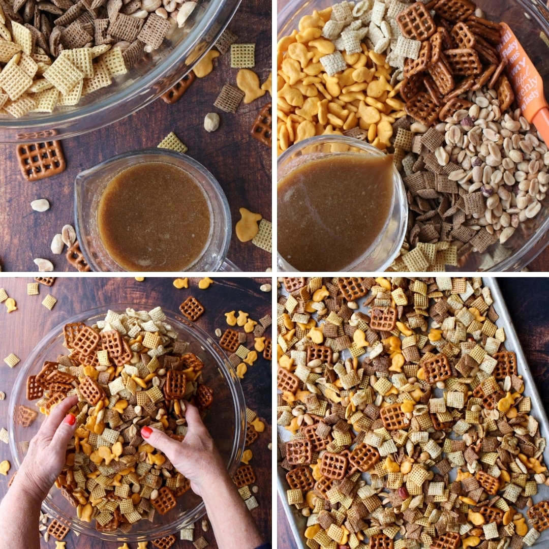 Photo collage showing how to make party mix