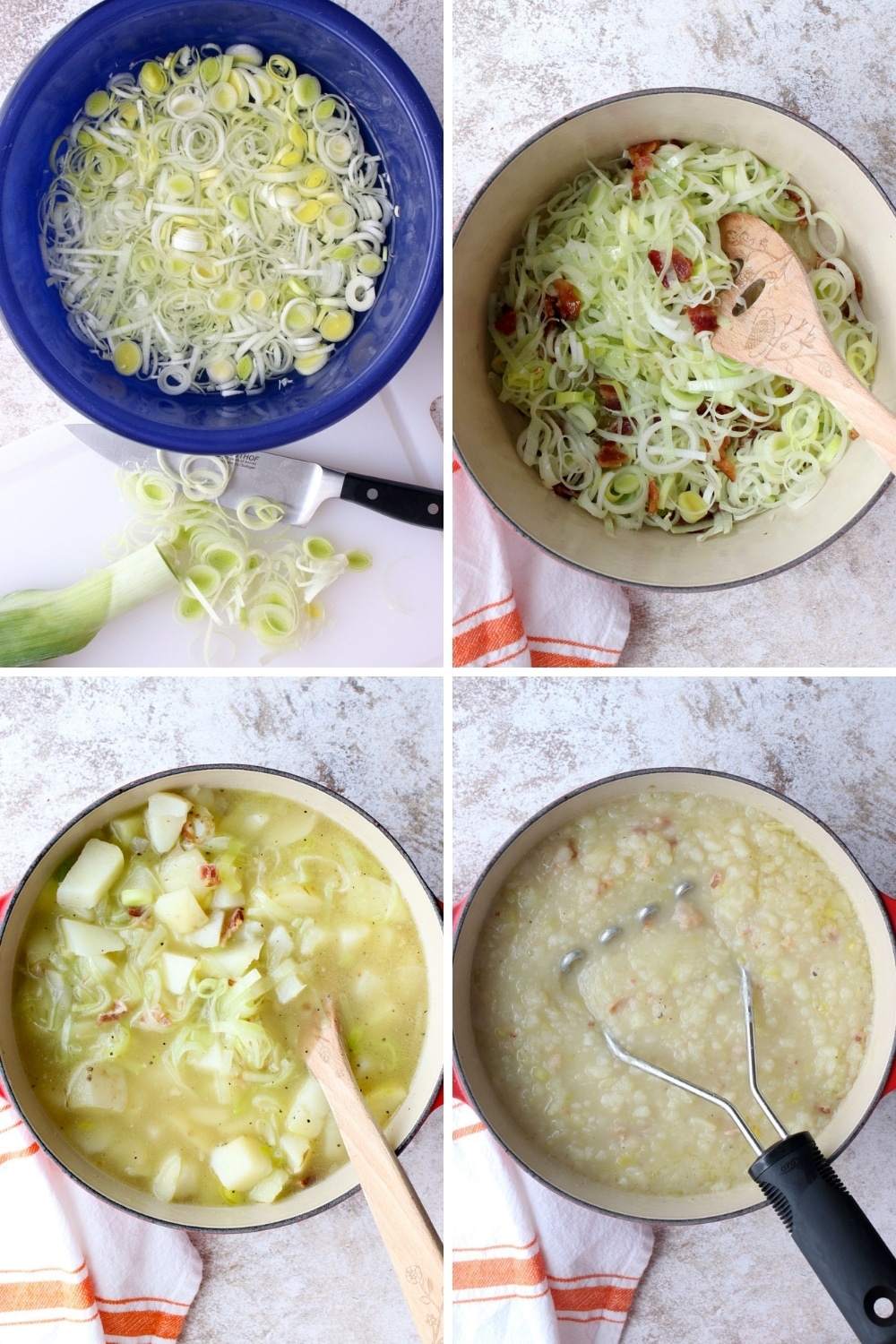 Collage showing first four step to make potato leek soup