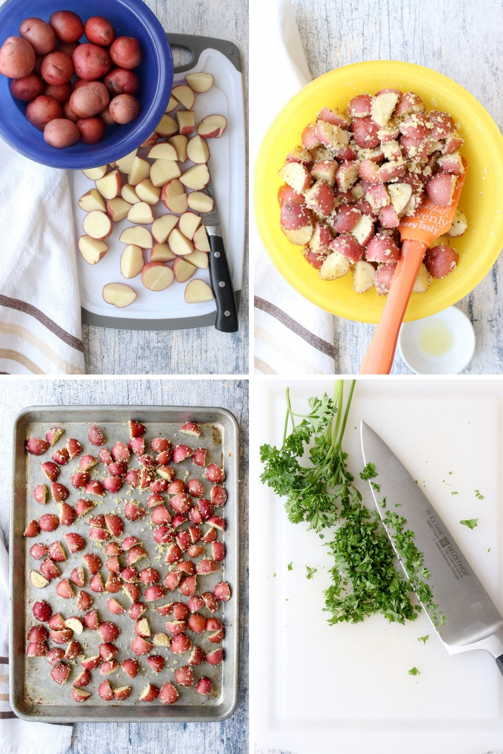 Collage showing how to make the parmesan garlic butter potatoes