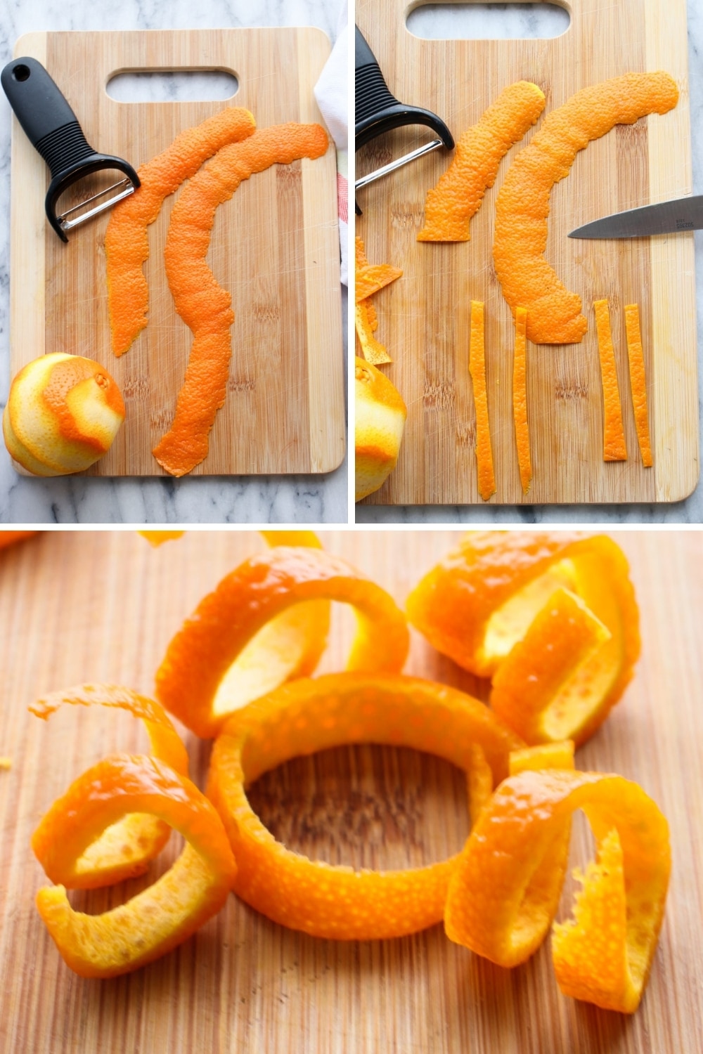 Collage showing steps to make apple cider margarita orange peel curl garnish