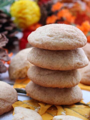 Stack of snickerdoodle cookies with fall background