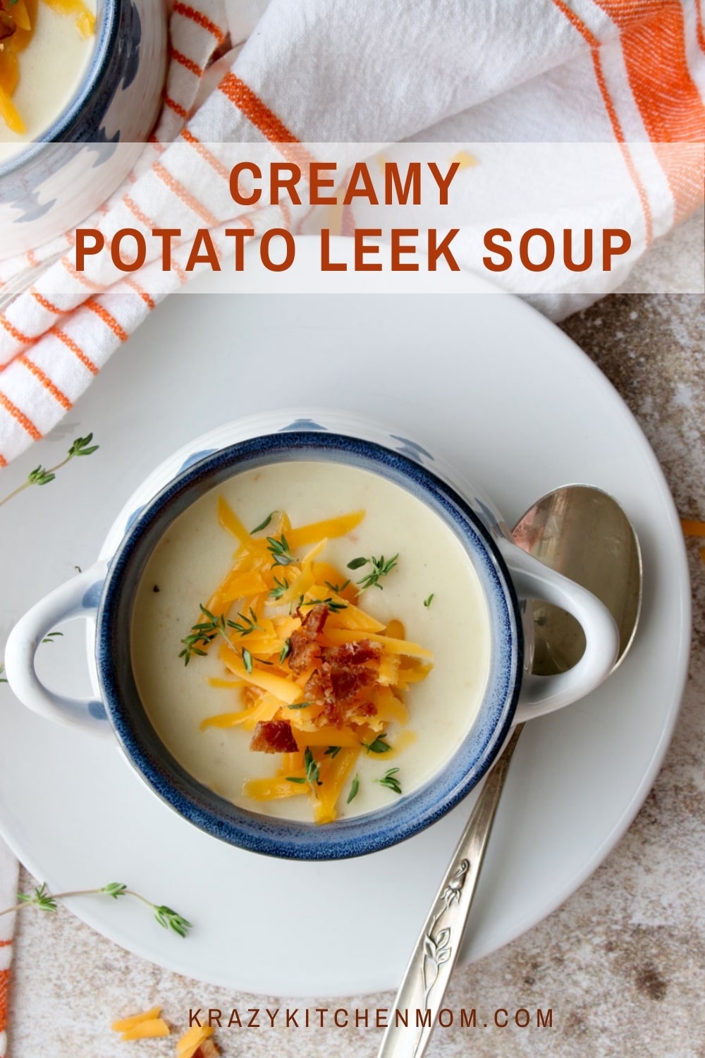 Curl up with a hot bowl of soup loaded with creamy potatoes and leeks topped with cheese and bacon. This hearty soup is made on the stove-top and ready in an hour. It is hearty, hot, and delicious. via @krazykitchenmom