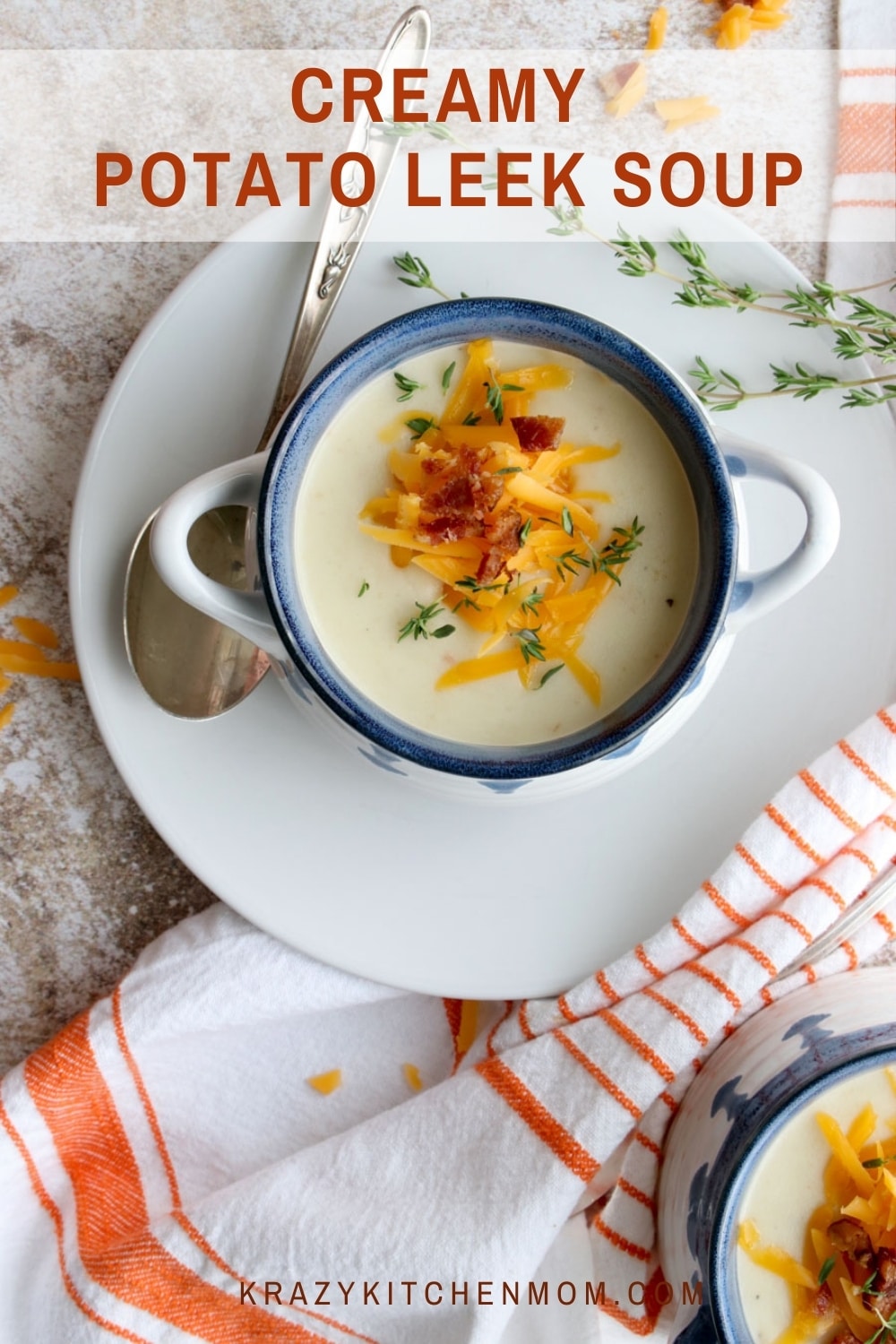 Curl up with a hot bowl of soup loaded with creamy potatoes and leeks topped with cheese and bacon. This hearty soup is made on the stove-top and ready in an hour. It is hearty, hot, and delicious. via @krazykitchenmom