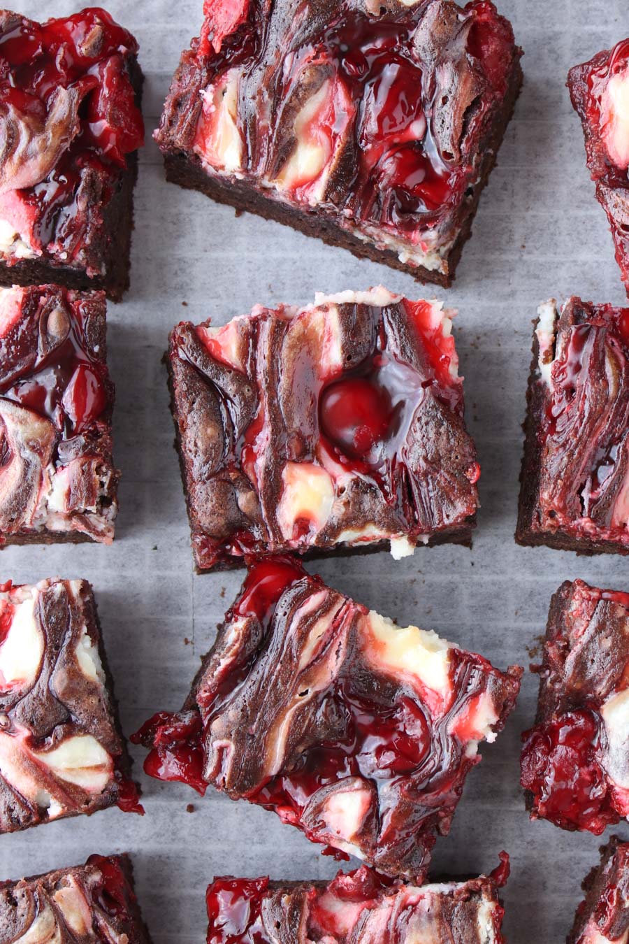 close up of chocolate cherry cheesecake brownies