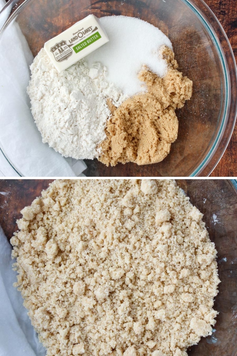 two photos - streusel topping ingredients and mixed