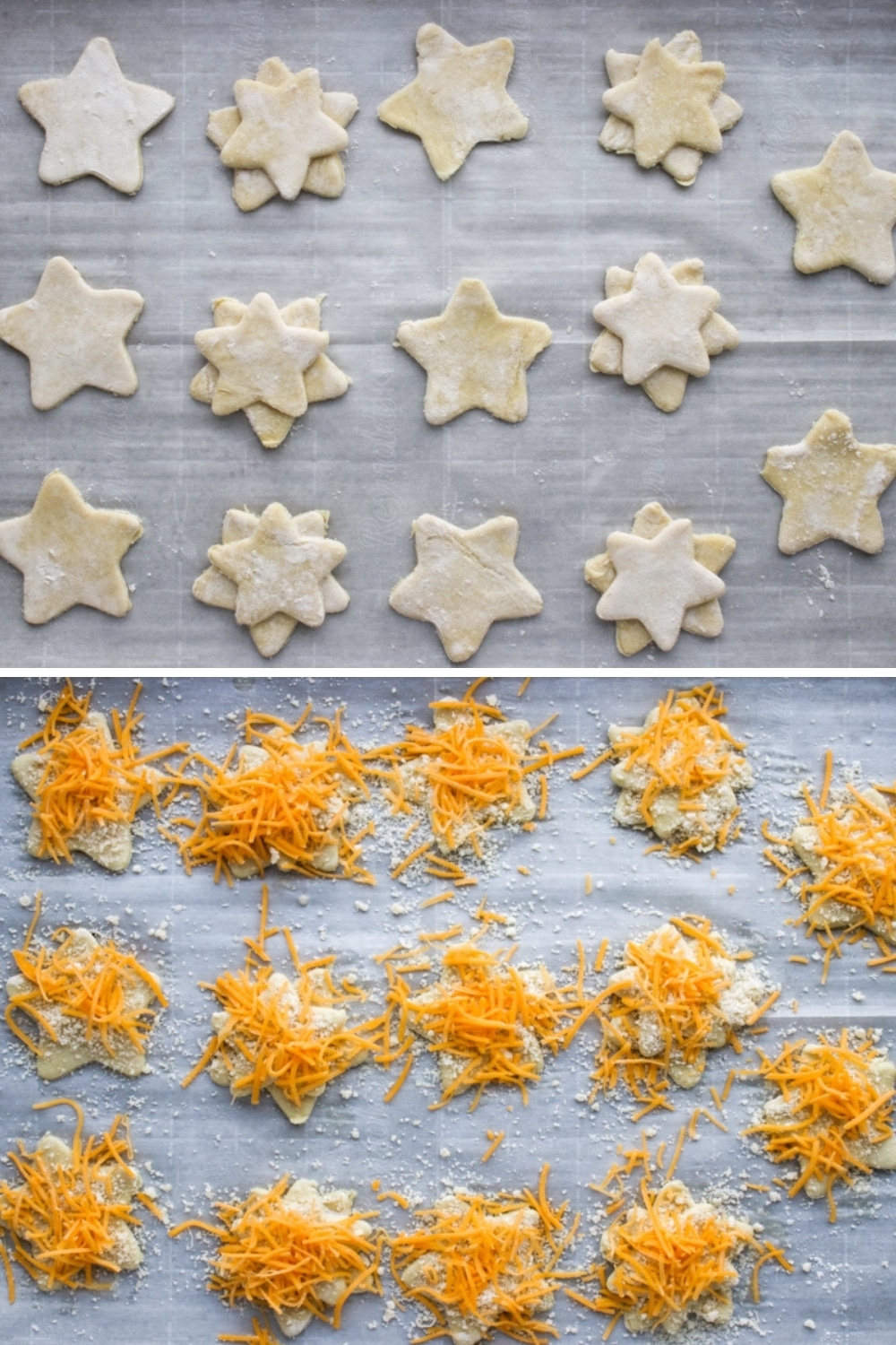 Collage showing raw puff pastry stars plain and topped with cheese