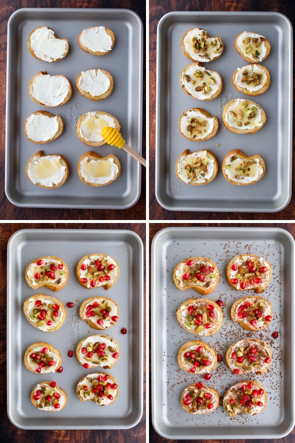 Collage showing step to make Pistachio Pomegranate Crostini 