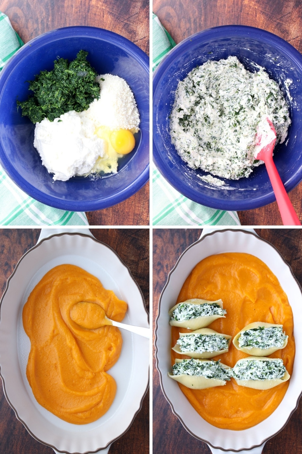 collage showing 4 steps in making the stuffed shells