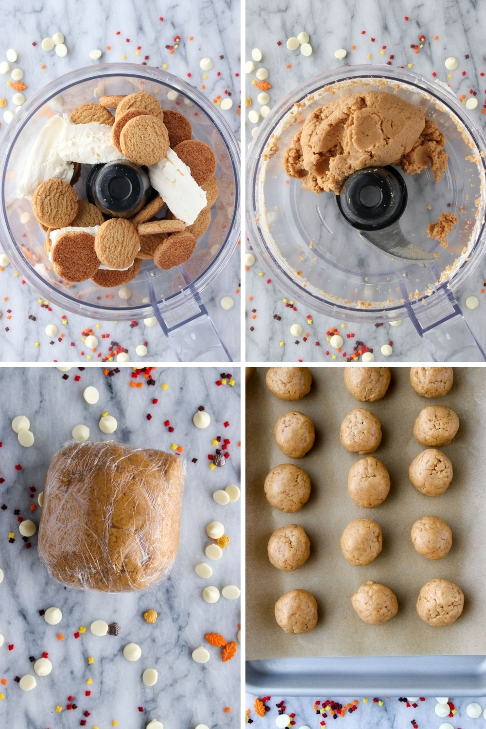 Collage showing four steps to make gingersnap truffles