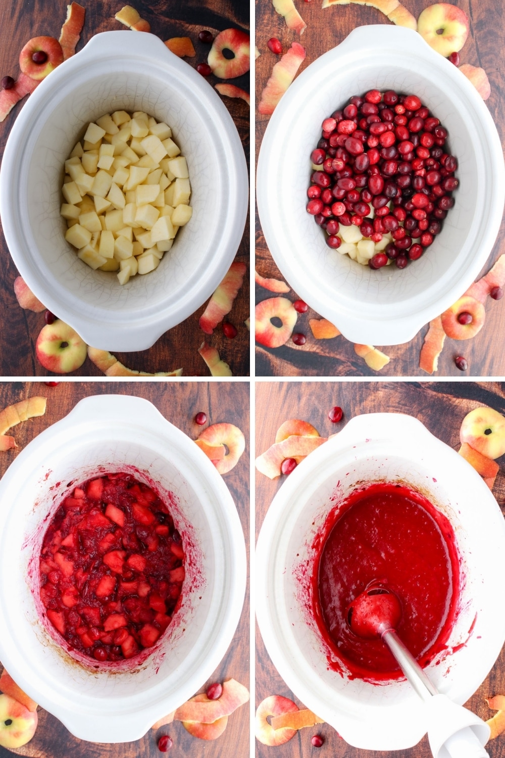 Collage showing steps to make cranberry apple butter