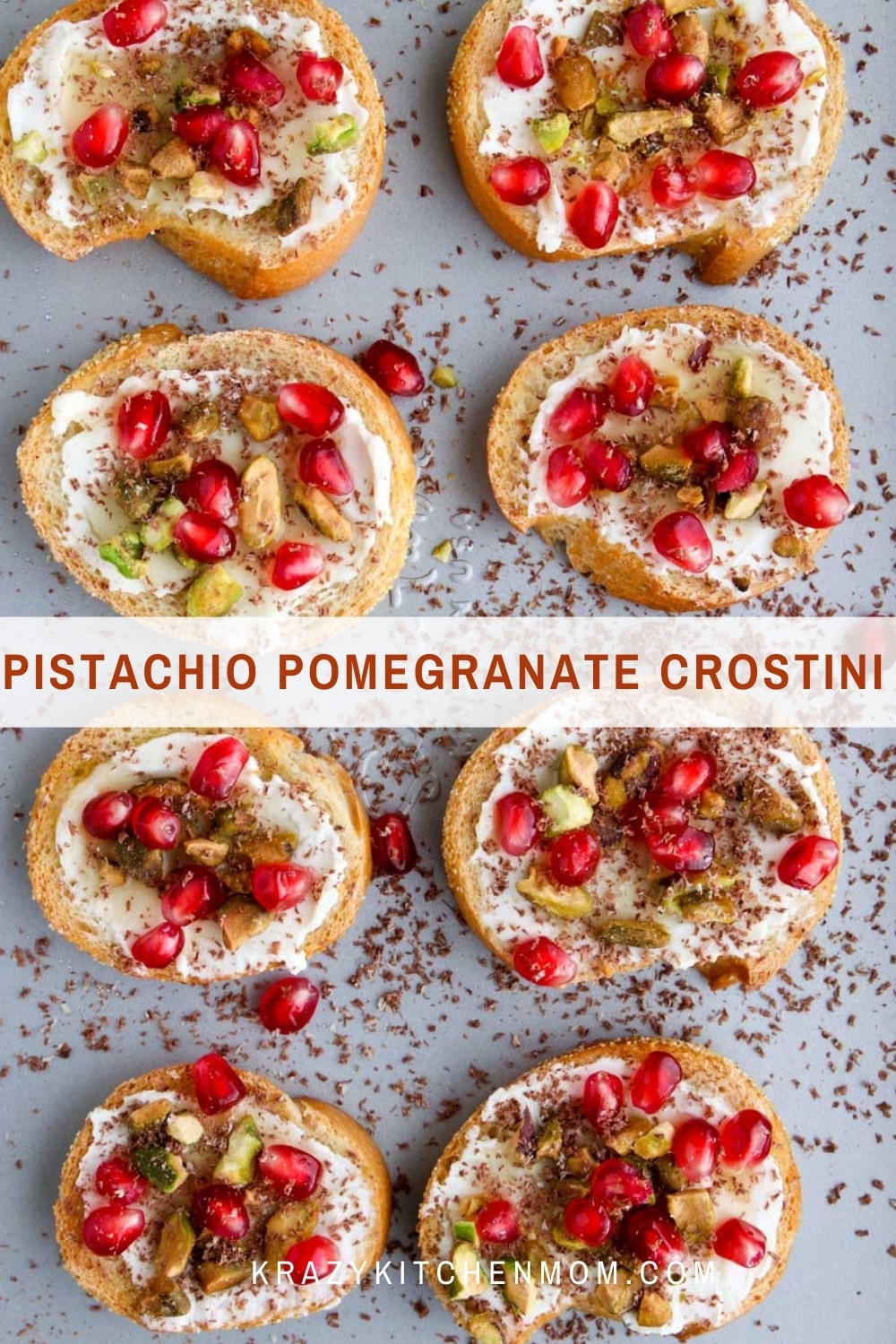 Pistachio pomegranate crostini recipe is one of our favorite holiday appetizers. They are crunch, nutty, and sweet with every bite. via @krazykitchenmom