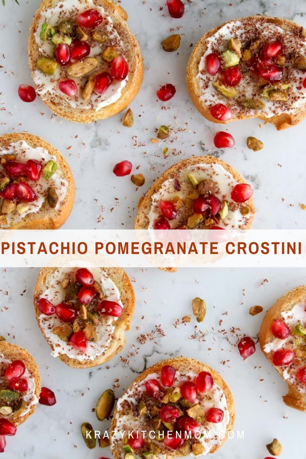 Pistachio pomegranate crostini recipe is one of our favorite holiday appetizers. They are crunch, nutty, and sweet with every bite. via @krazykitchenmom