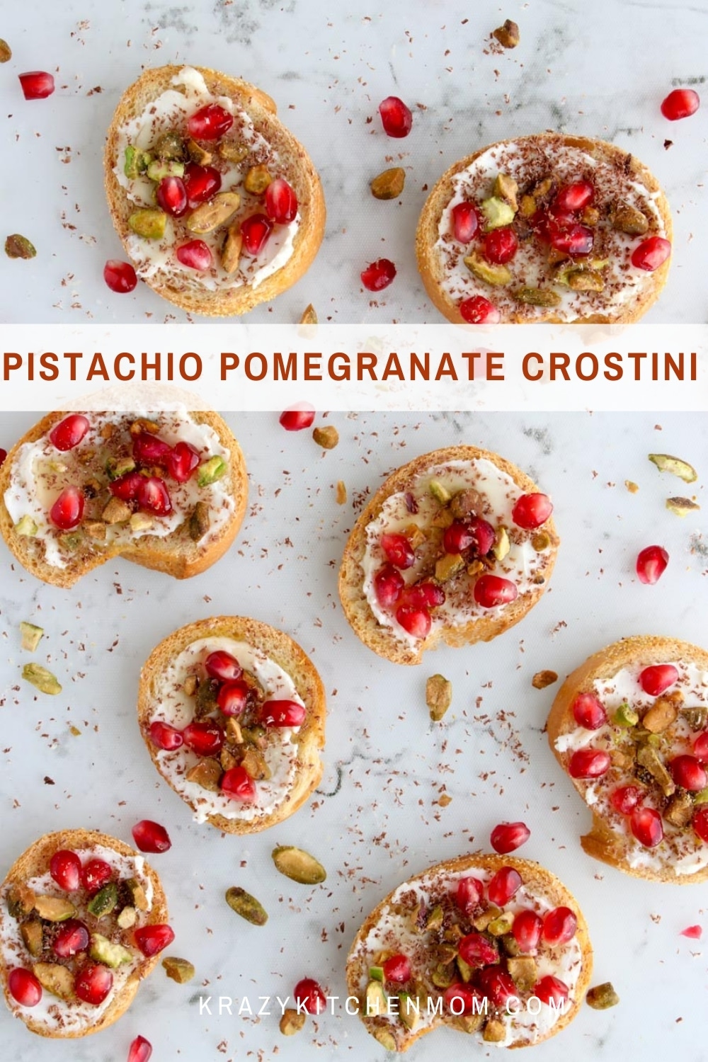 Pistachio pomegranate crostini recipe is one of our favorite holiday appetizers. They are crunch, nutty, and sweet with every bite. via @krazykitchenmom