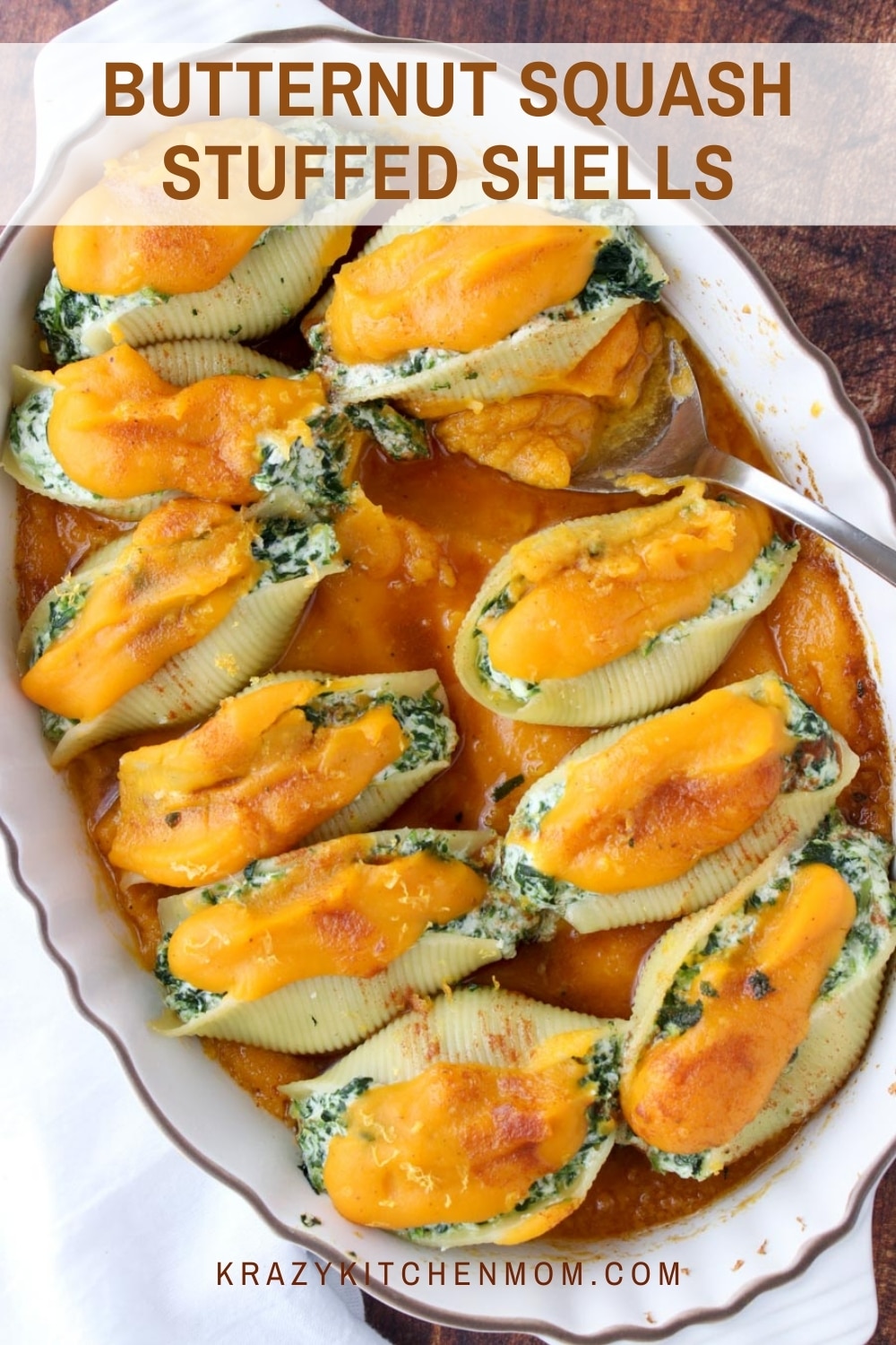 Meatless Mondays just got a whole lot better with my butternut squash stuffed shells recipe. This dish is full of creamy ricotta cheese, spinach, and butternut squash puree. It's perfect for any family dinner and impressive enough for company. via @krazykitchenmom
