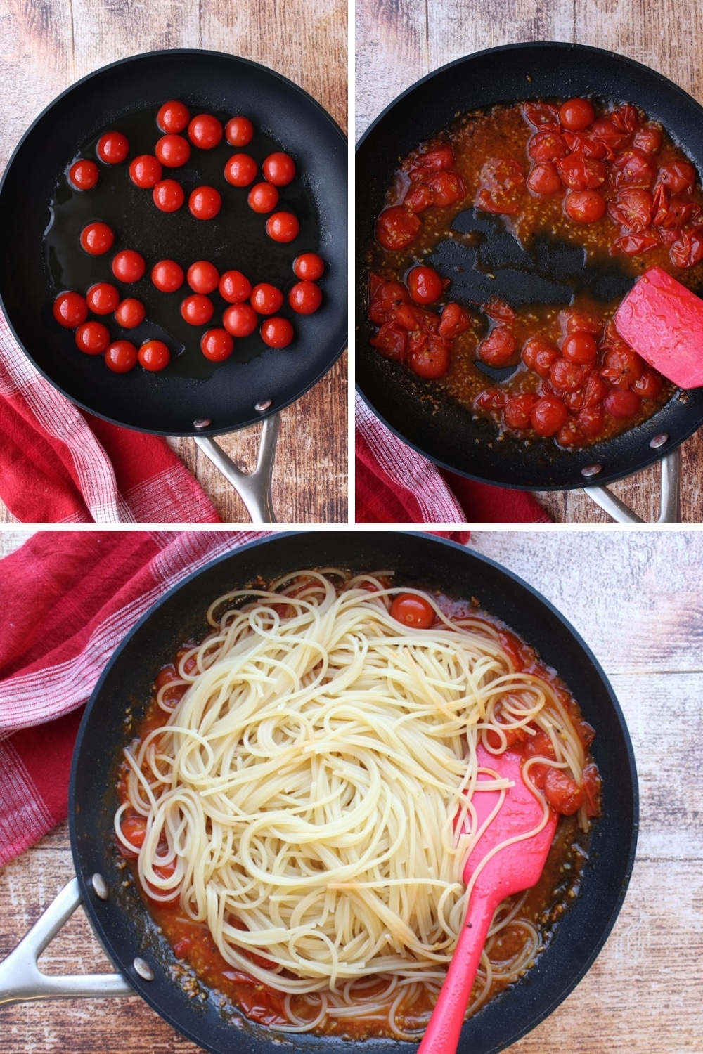 collage showing how to make burst cherry tomato pasta