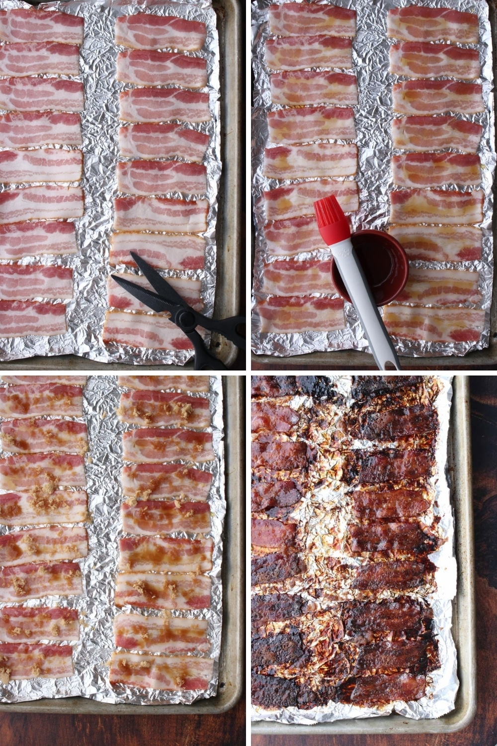 collage with steps to make candied bacon