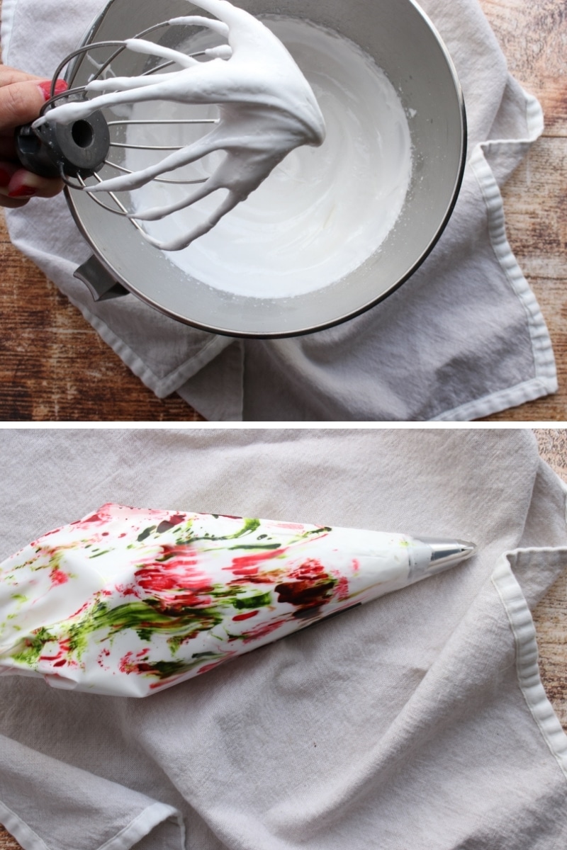 2 photos showing whipped meringue and meringue with red and green food coloring in piping bag