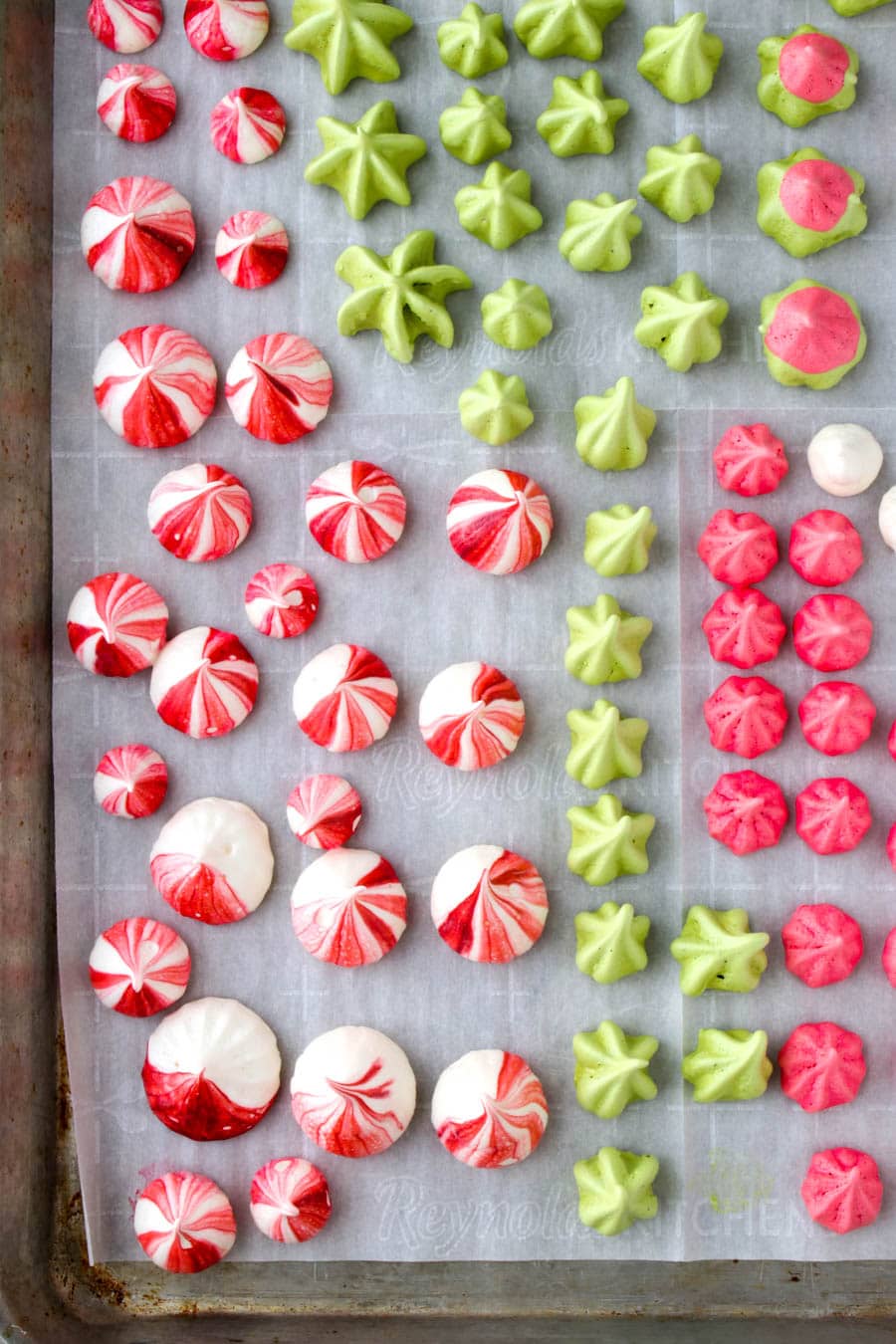 Cookie sheet with colorful meringues