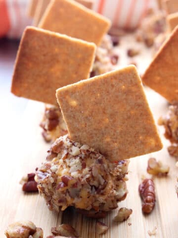 Pimento Cheese ball coated in nuts with a cracker stuck in it