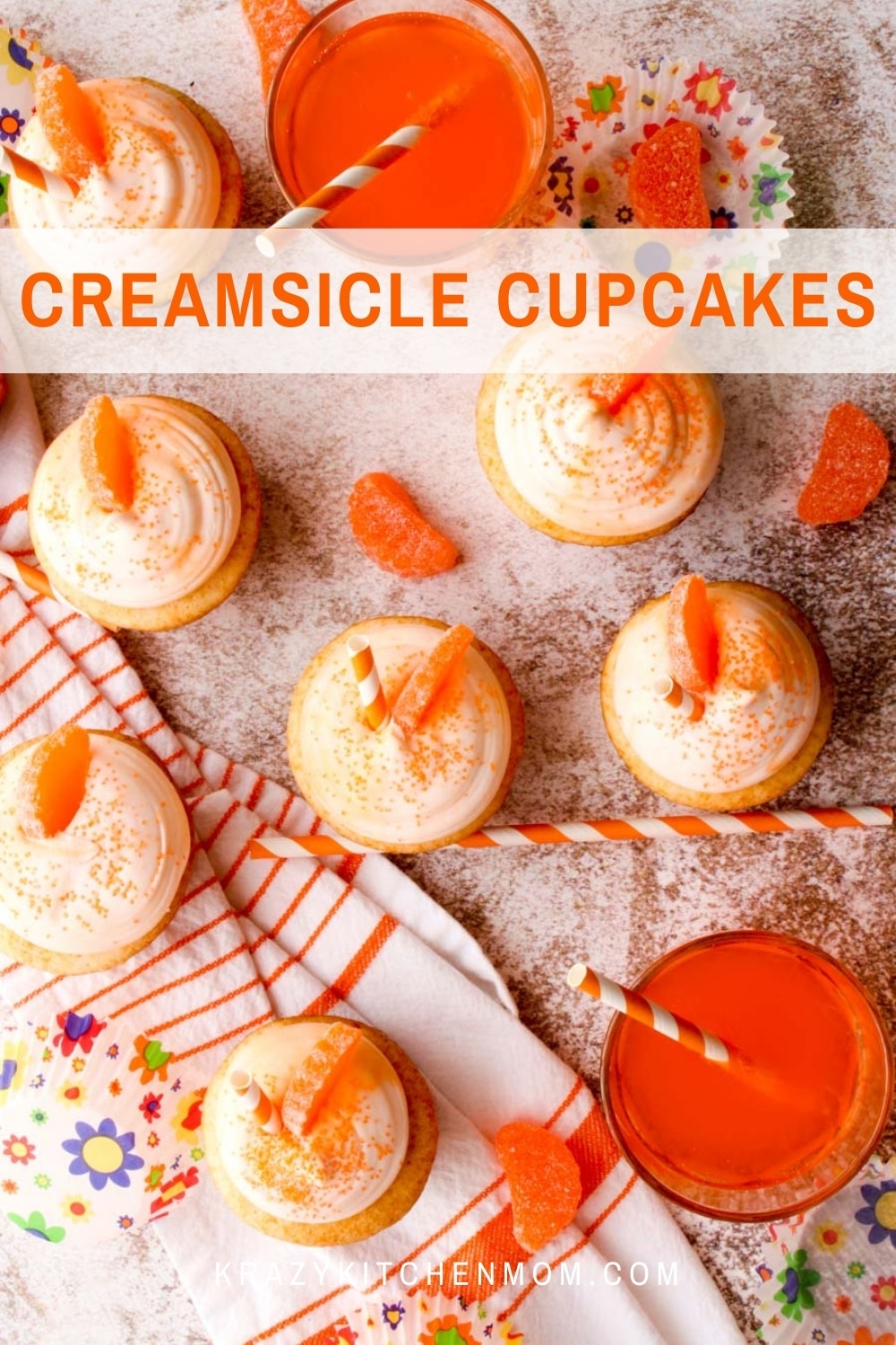 Soft, light, fluffy orange creamsicle cupcakes are made with orange soda pop and topped with creamy marshmallow frosting. via @krazykitchenmom