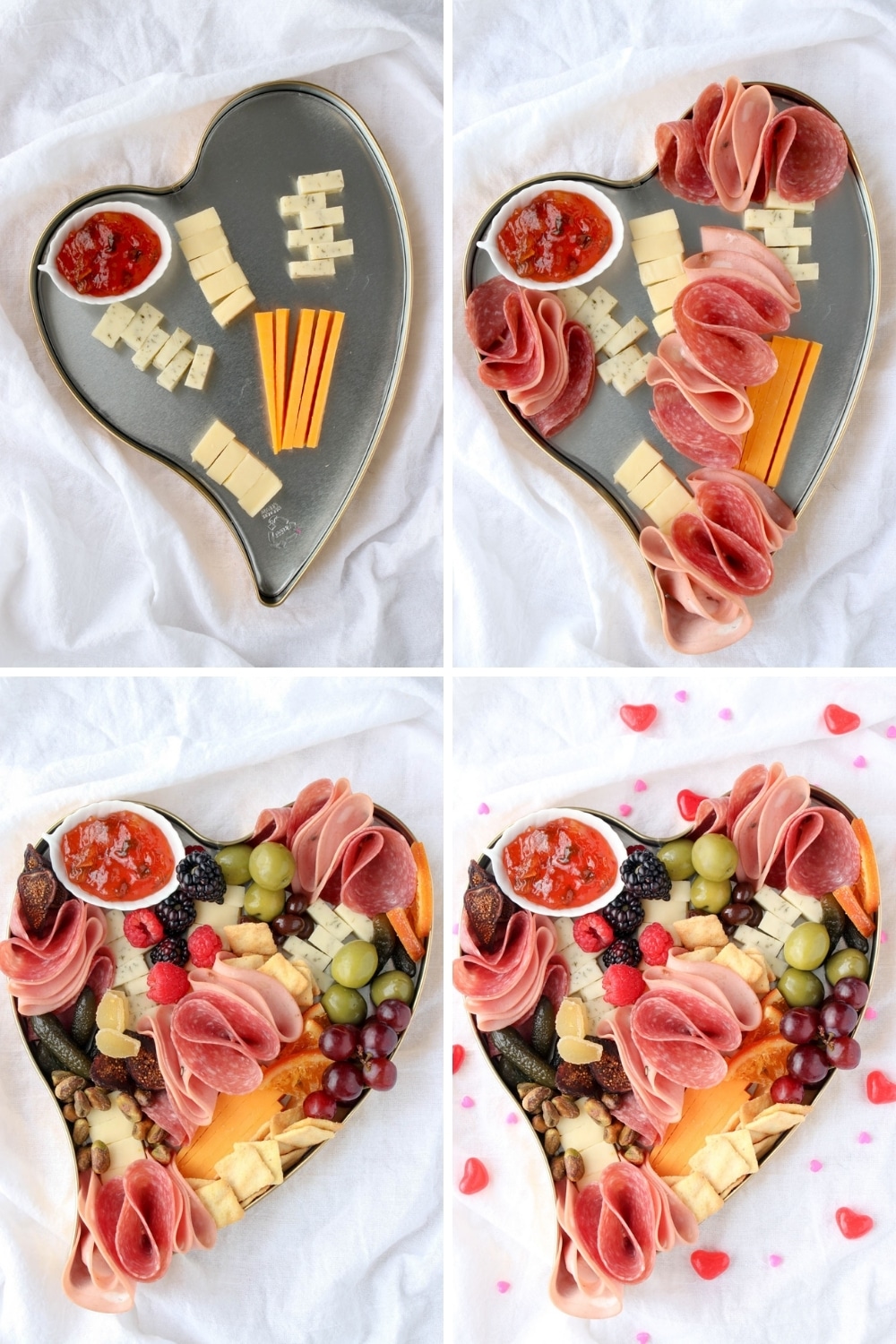 four photo collage showing how to make date night charcuterie