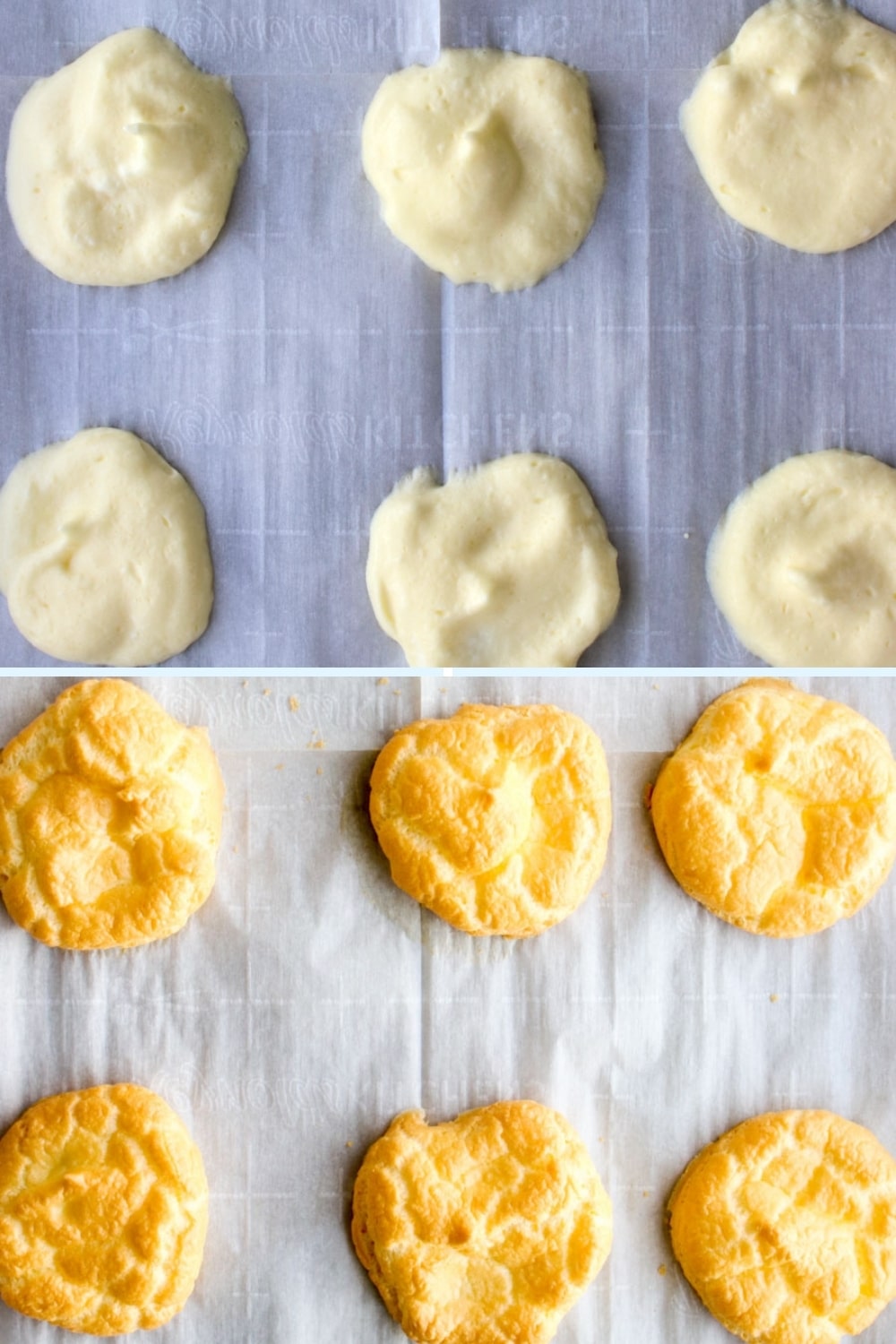 raw cloud bread and baked cloud bread on a parchment covered cookie sheet 