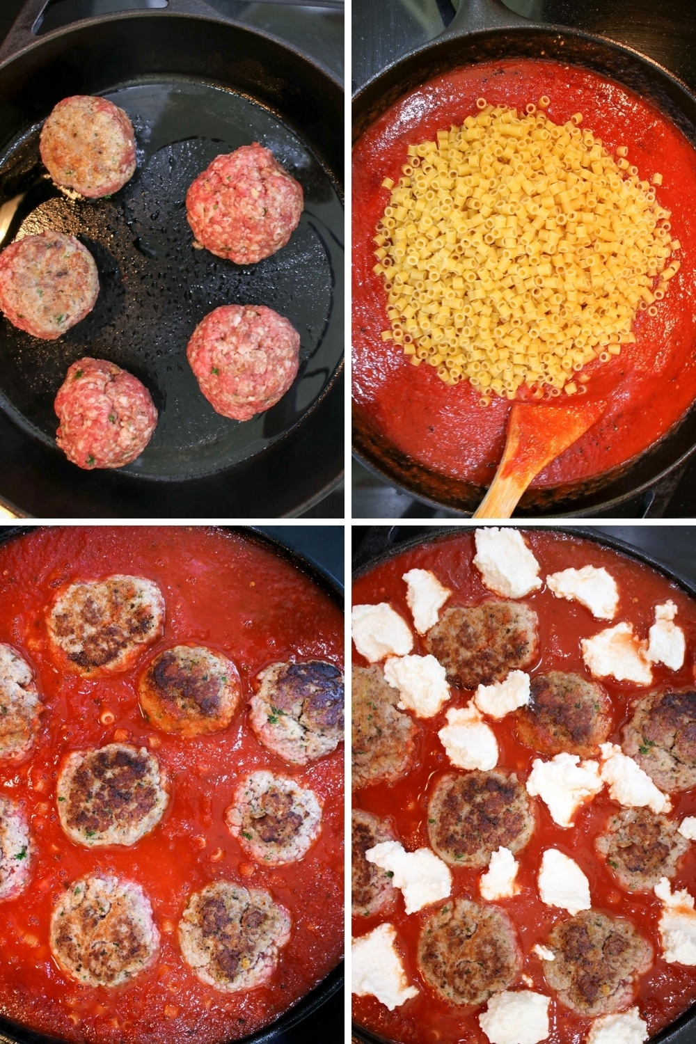 collage showing how to make meatball pasta bake