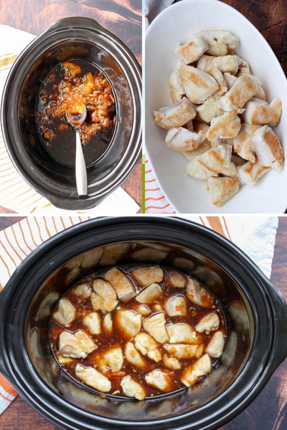 three images showing the steps to make orange chicken in the slow cooker