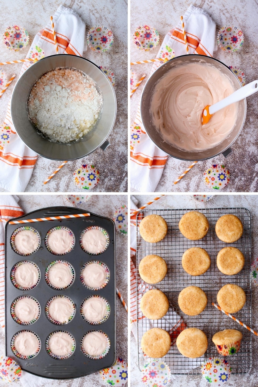 Four photos showing how to make creamsicle cupcakes