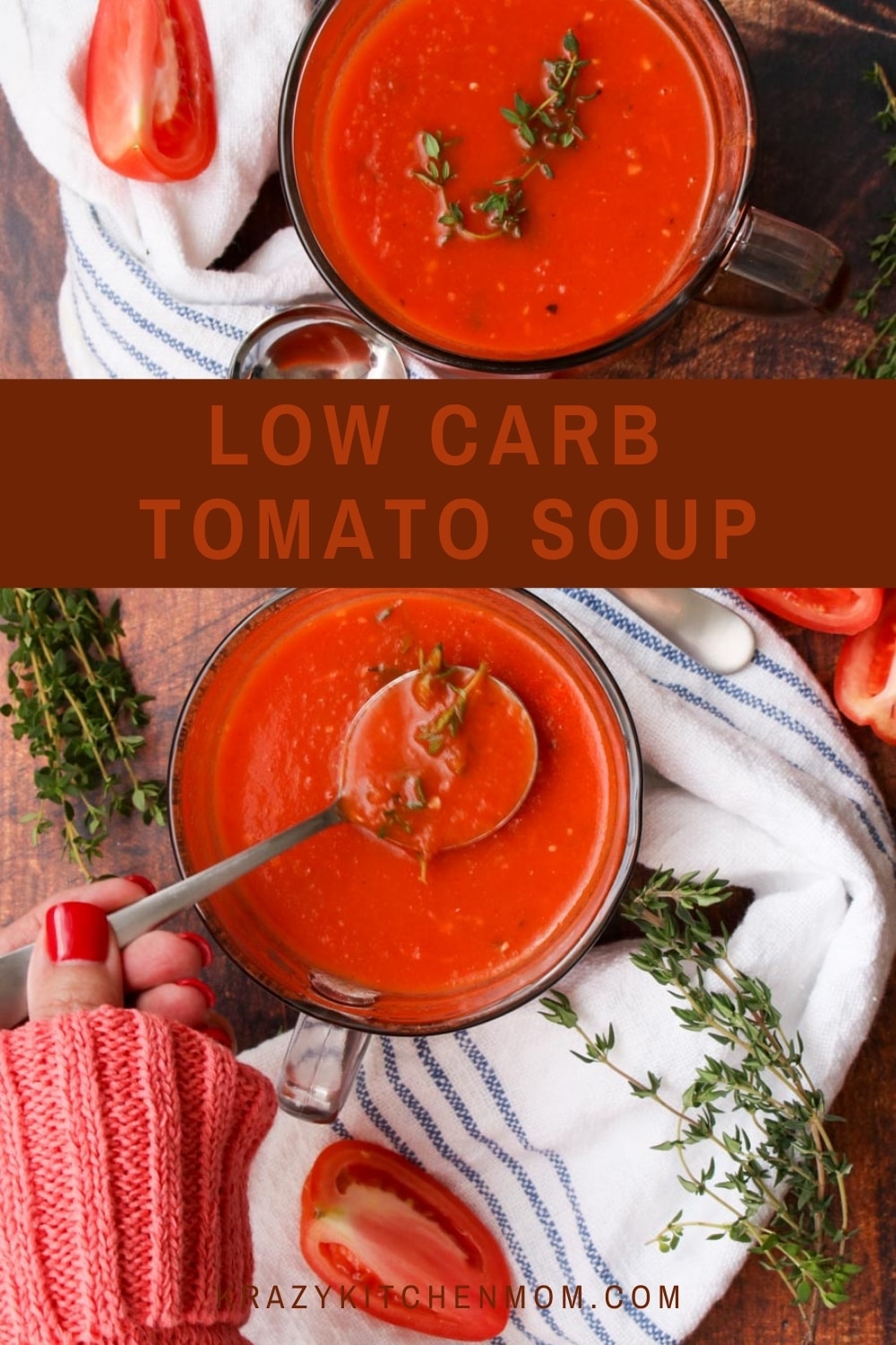 Ready in 30 minutes, you won't even miss the carbs, calories, or the cream in this Low Carb Low-Calorie Homemade Tomato Soup. via @krazykitchenmom