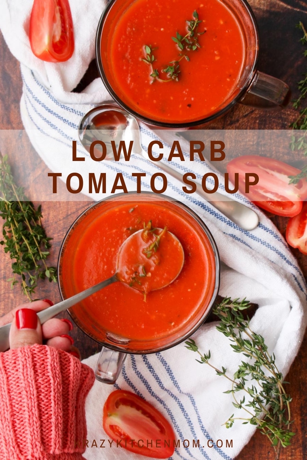 Ready in 30 minutes, you won't even miss the carbs, calories, or the cream in this Low Carb Low-Calorie Homemade Tomato Soup. via @krazykitchenmom