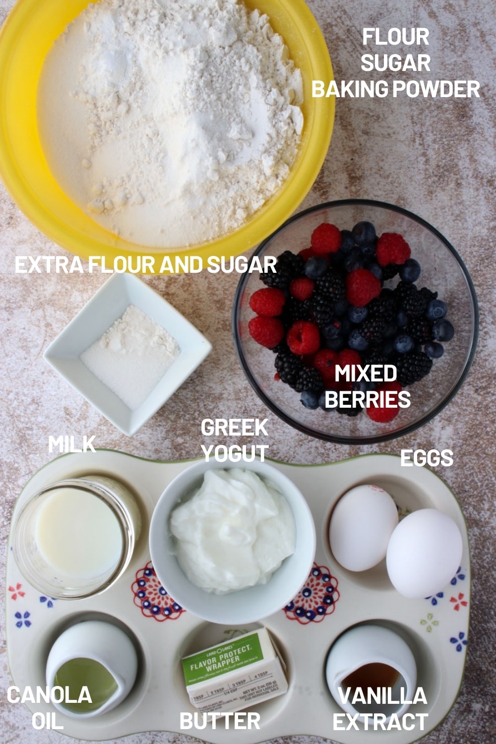 Photo of mixed berry muffin ingredients