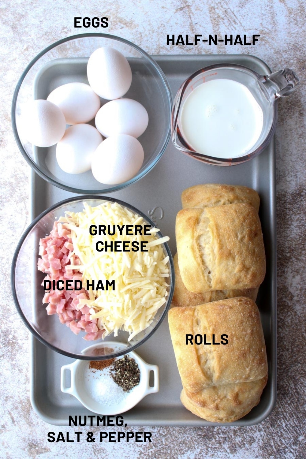 tray with uncooked ingredients to make quiche egg boats