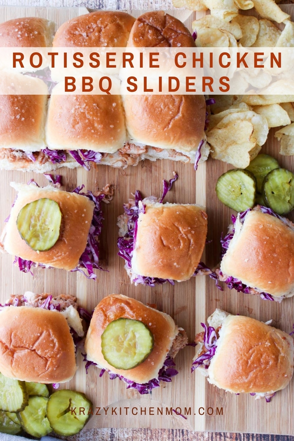 Super simple Rotisserie Chicken BBQ Sliders are made with store-bought rotisserie chicken, your favorite BBQ sauce, homemade cabbage slaw, and sweet little Hawaiian rolls. via @krazykitchenmom