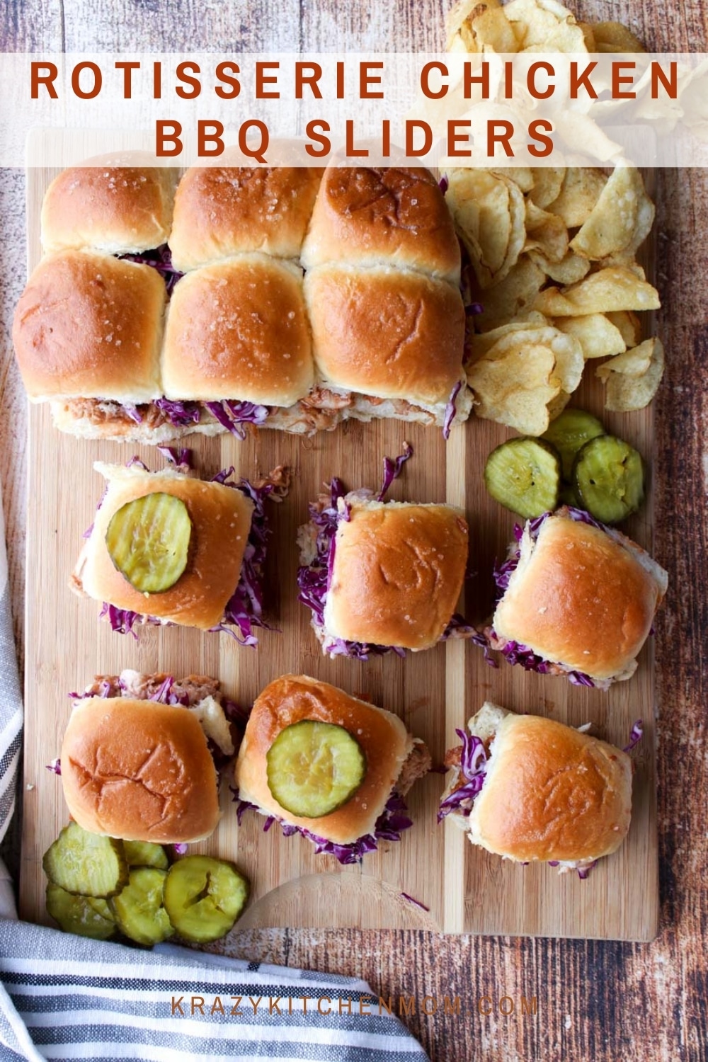 Super simple Rotisserie Chicken BBQ Sliders are made with store-bought rotisserie chicken, your favorite BBQ sauce, homemade slaw, and sweet little Hawaiian rolls. via @krazykitchenmom