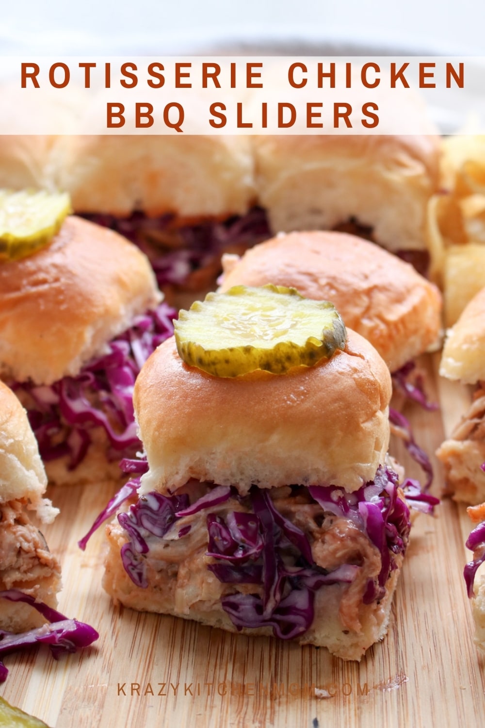 Super simple Rotisserie Chicken BBQ Sliders are made with store-bought rotisserie chicken, your favorite BBQ sauce, homemade slaw, and sweet little Hawaiian rolls. via @krazykitchenmom