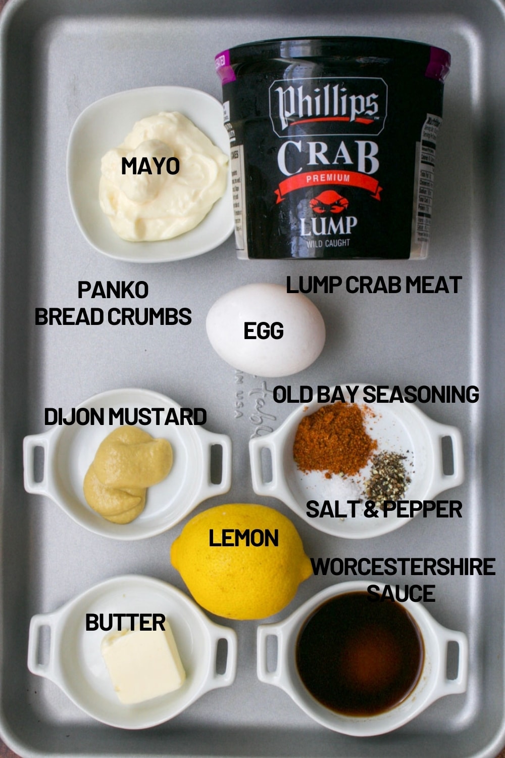 tray with ingredient to make baked crab cakes