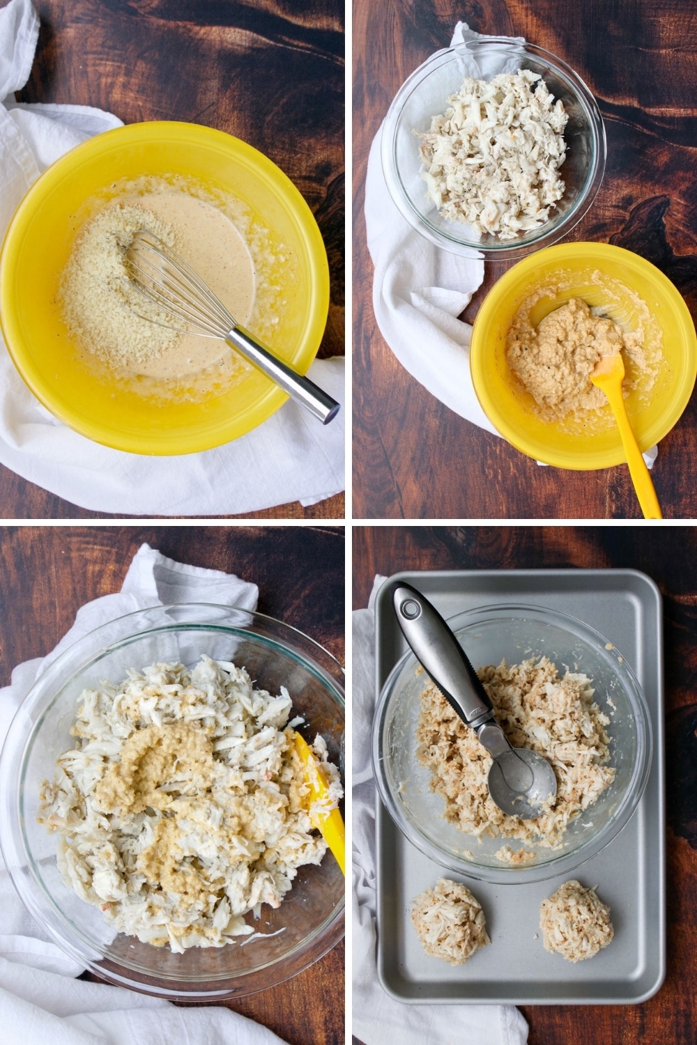 collage of 4 photos showing how to make crab cakes