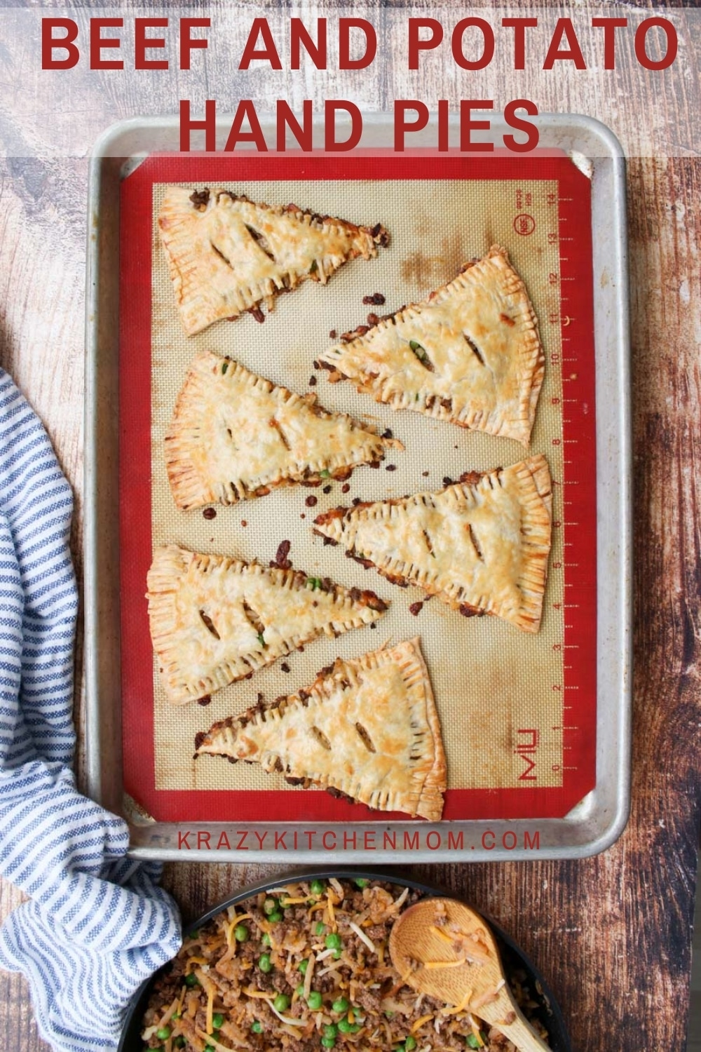 Beef and Potato Hand Pies are flaky little pies filled with ground beef, hash brown potatoes, peas, and cheese. The crust is rustic with extra crunchy edges.  via @krazykitchenmom