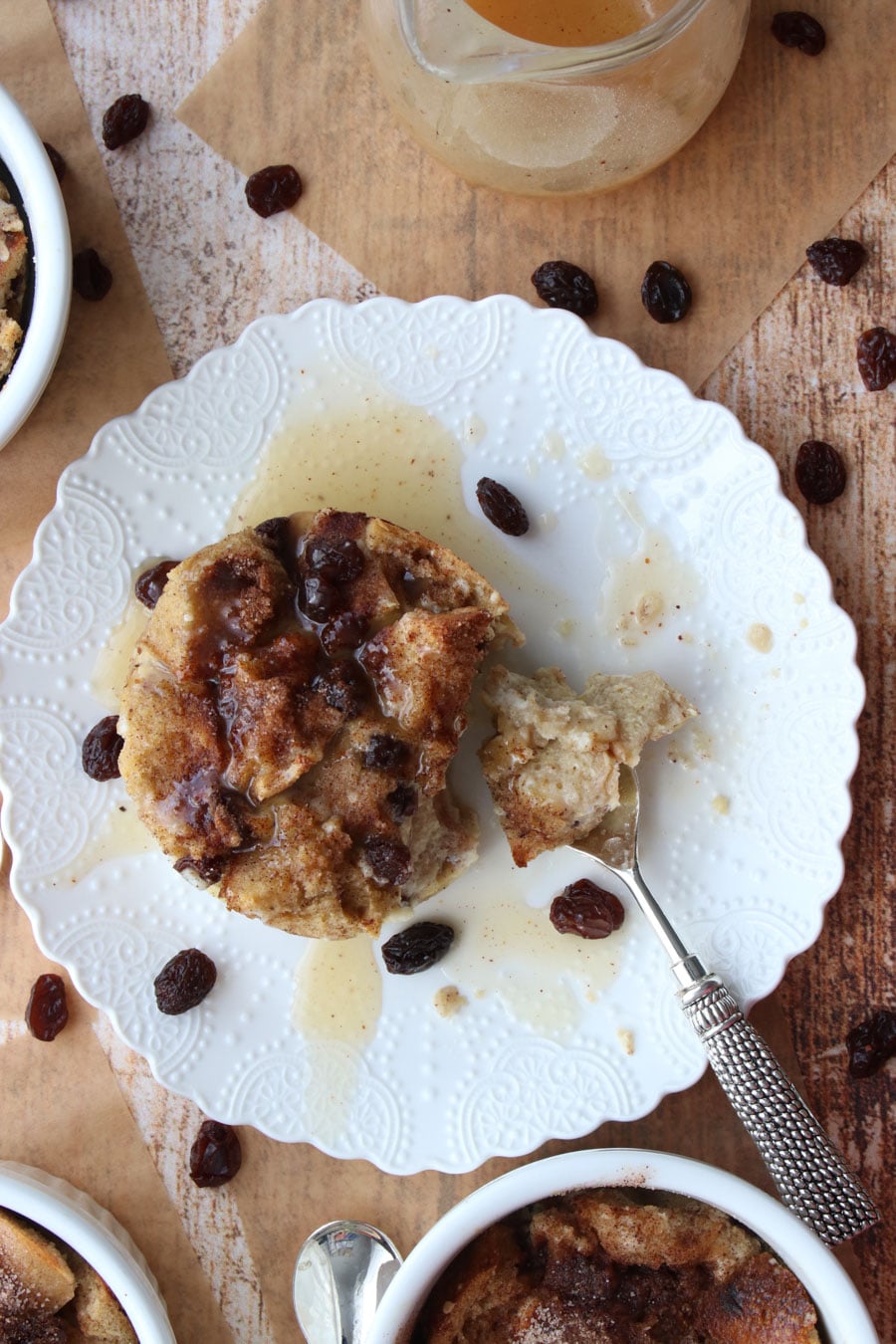 close up of cinnamon raisin bagel bread pudding